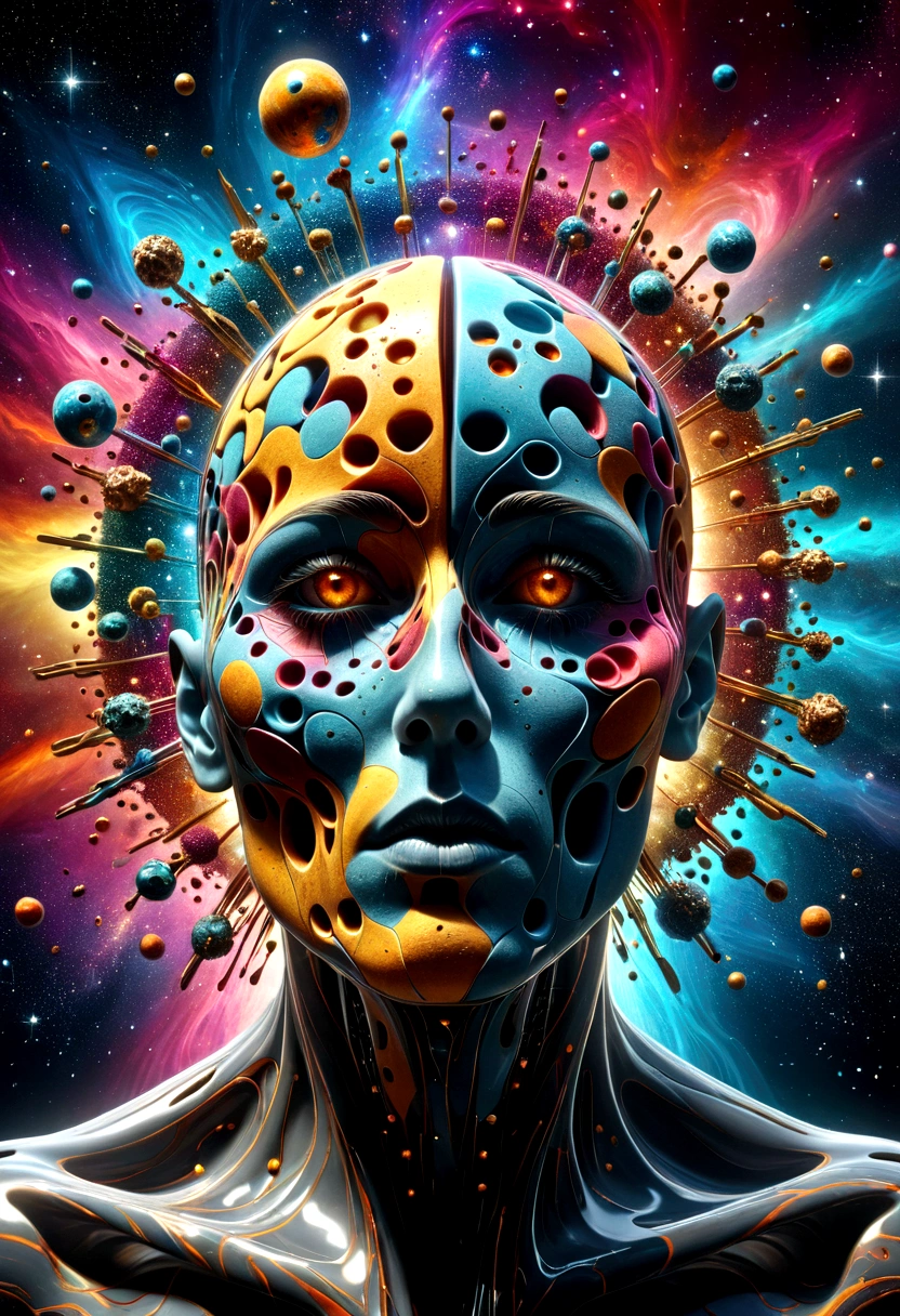 human anatomy, Different parts of the body are scattered., 3D cubic distribution of the body, Lumps and spheres burst from the face., surreal cgi masterpiece, bright colors, Light around the wheel rim, mechanical dispersion, decay of the biosphere, Highly detailed, floating parts, Detailed cosmic background, fractal art, seeing galaxy light, 16K, Star concept art, sharp line