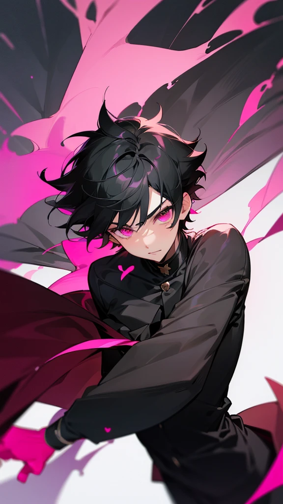 16 year old boy,tender and adorable face,short black hair,black clothes,pink eyes,