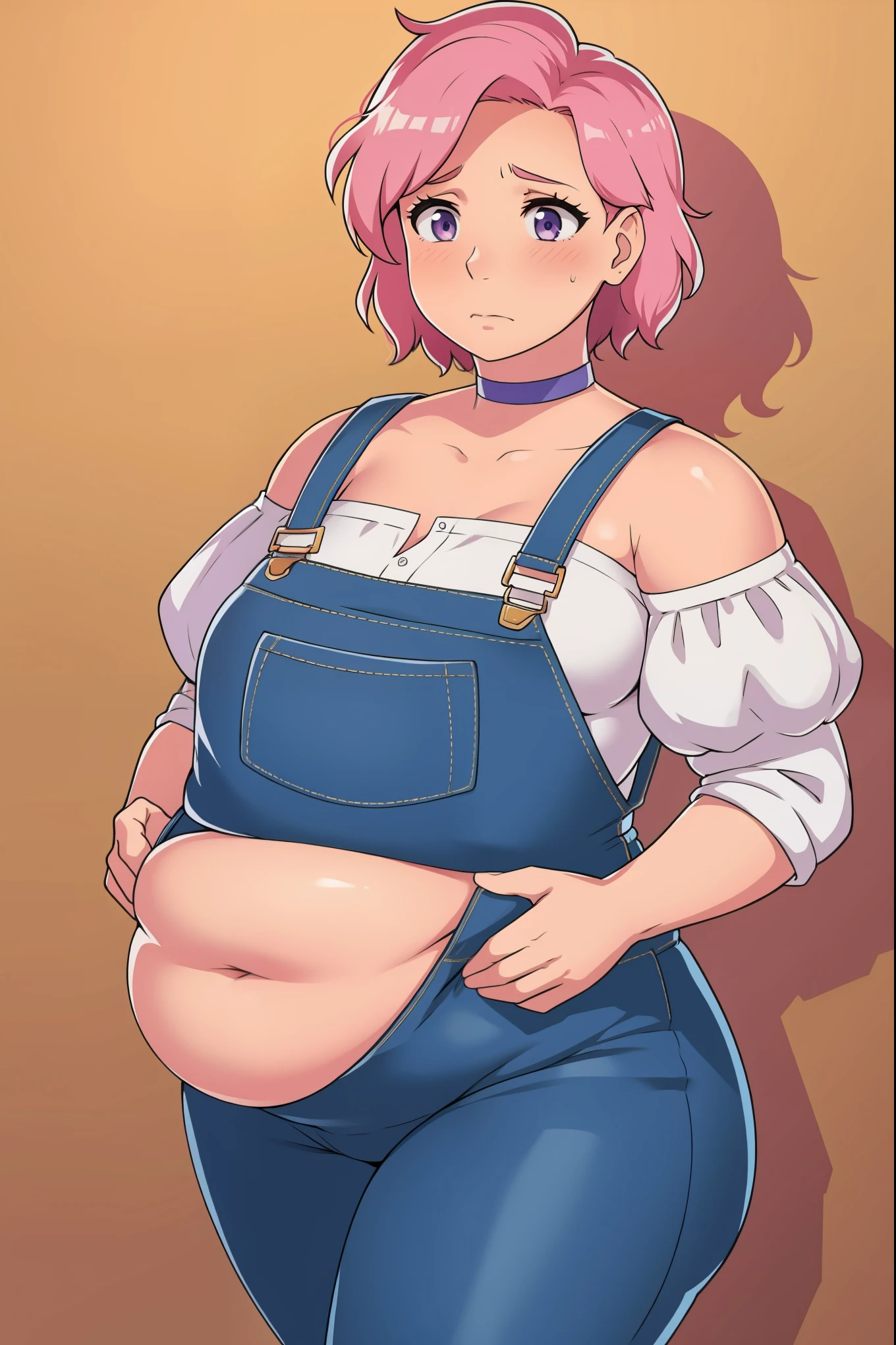 Holding belly, hands on belly, outgrown clothes, (Sad:1.1), (Sad face:1.1)Pale skin, (Obese:1.1),fat, Slightly chubby, sad, farm backround, upper body, looking at viewer, 1girl, solo, short pink hair, (dark blue choker), (dark blue denim overalls), (purple eyes), (pink boots), (white shoulder lantern sleeve blouse, tucked in pants