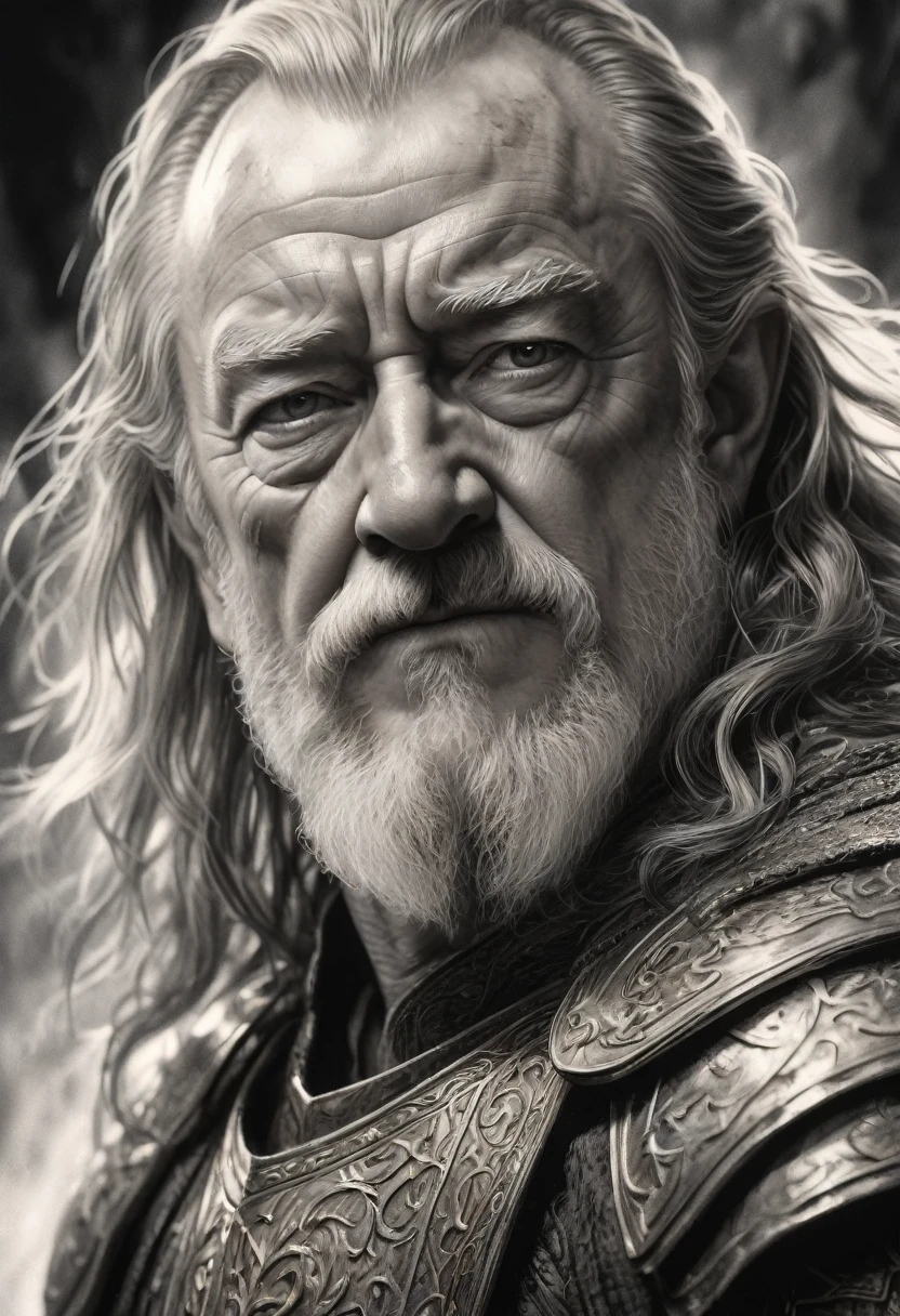 stunning black and white graphite sketch of King Theoden, up close shot, from The Lord Of The Rings trilogy, in dynamic pose, by Anna Razumovskay, (by Alyssa Monks:1.1), by Joseph Lorusso, by Lilia Alvarado, beautiful lighting, sharp focus, 8k, high res, (pores:0.1), (sweaty:0.8), Masterpiece, Nikon Z9, Award - winning photograph, --ar 16:9 --style raw --stylize 750 --niji 6, perfect composition, beautiful detailed intricate insanely detailed octane render trending on artstation, 8 k artistic photography, photorealistic concept art, soft natural volumetric cinematic perfect, wide angle view 