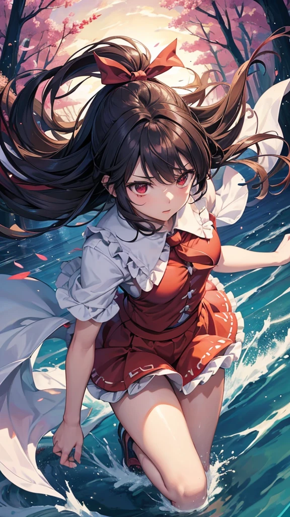 upper body shot, solo 1 girl view, TouHou Legend of Fairy Souls is an action game developed and published by LFCat Studio for PC. An adventure in which we control the young Reimu, which due to a curse has been transformed into Kedama, a little ball of hair, having to fight waves of enemies from an isometric perspective with both ranged attacks and hand-to-hand combat, being able to turn into different monsters, random angle.,(all realistic intricate details)