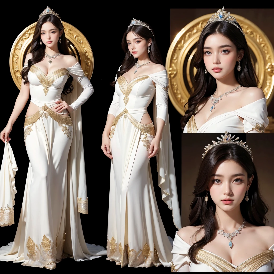 (masterpiece, highest quality), ultra detailed, high resolution, 16k, the most beautiful face in the world, highly detailed beautiful face and eyes, shiny skin, fine cloth texture, perfect anatomy, BREAK, (the incarnation of beauty:1.5), (goddess of beauty:1.5), (gorgeous and stunning princess:1.5), (perfect make-up:1.3), loving look, full of elegance. (full body:1.5), three view drawing, front and back and side, character sheet
