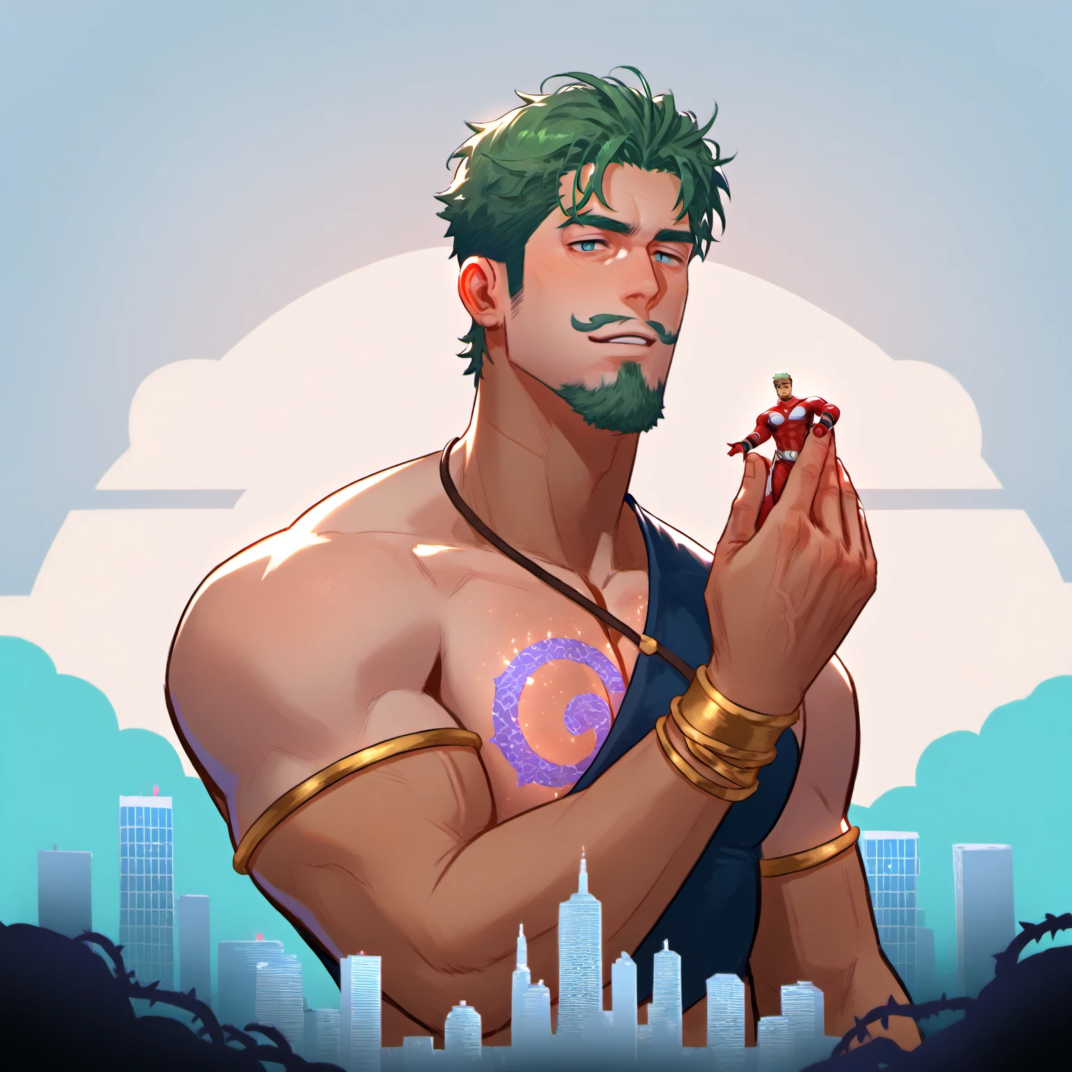 score_9, score_8_up, score_7_up, score_6_up, rating explicit, focus male, source anime, Goatee, Moustache, Messy hair, Extremely muscular masculine character, dancer, 700-foot-tall giant, green hair, brown skin, vines, bark pattern , skyscraper, superhero, orchids chest patterns. AS . Main character from the anime, superhero, Nice image, Hard drive, 4k, Main sexy man, sexy pose,