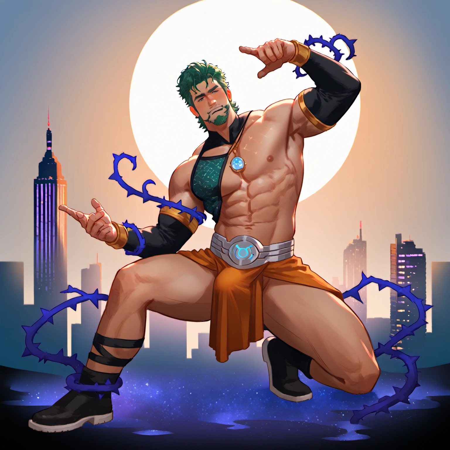 score_9, score_8_up, score_7_up, score_6_up, rating explicit, focus male, source anime, Goatee, Moustache, Messy hair, Extremely muscular masculine character, dancer, 700-foot-tall giant, green hair, brown skin, vines, bark pattern , skyscraper, superhero, orchids chest patterns. AS . Main character from the anime, superhero, Nice image, Hard drive, 4k, Main sexy man, sexy pose,