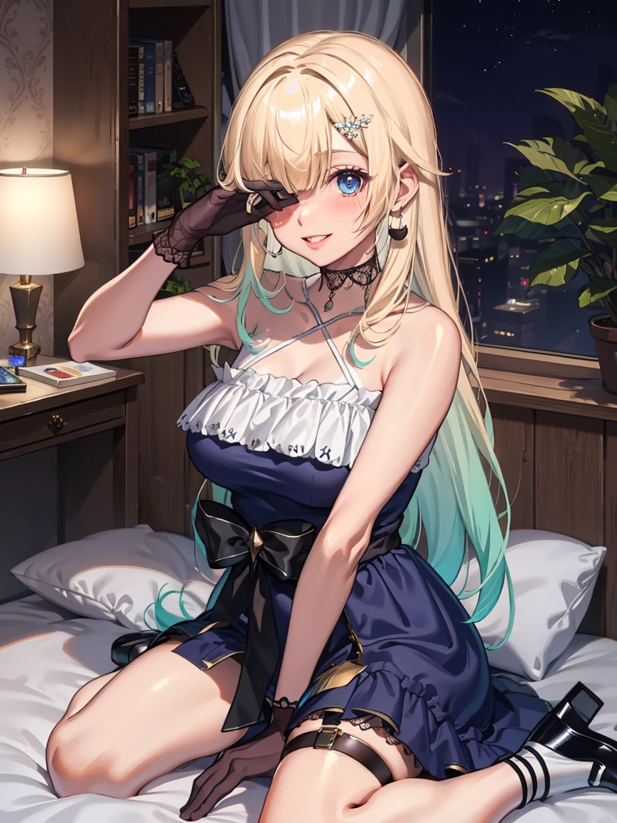 Portrait, official art, best masterpiece, best quality, best resolution, 8K, best detailed, (perfect anatomy:1.3), (looking at viewer)
BREAK
covering eyes, (sitting), (wariza)
BREAK
aizawa ema, long hair, gradient hair, blond hair, hair ornament, earrings, blue eyes, lace choker, black choker, bare shoulders, criss-cross halter, blue dress, frils, black bow, black gloves, thigh strap, fishnet, single thighhigh, (large breasts:1.2), solo, 1girl
BREAK
(smile:1.1), (blush), (close your mouth)
BREAK
on the bed, (night), (Dim lighting), very detailed 16KCG wallpapers