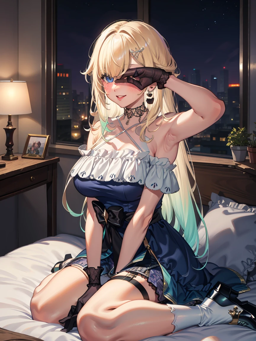 Portrait, official art, best masterpiece, best quality, best resolution, 8K, best detailed, (perfect anatomy:1.3), (looking at viewer)
BREAK
covering eyes, (sitting), (wariza)
BREAK
aizawa ema, long hair, gradient hair, blond hair, hair ornament, earrings, blue eyes, lace choker, black choker, bare shoulders, criss-cross halter, blue dress, frils, black bow, black gloves, thigh strap, fishnet, single thighhigh, (large breasts:1.2), solo, 1girl
BREAK
(smile:1.1), (blush), (close your mouth)
BREAK
on the bed, (night), (Dim lighting), very detailed 16KCG wallpapers