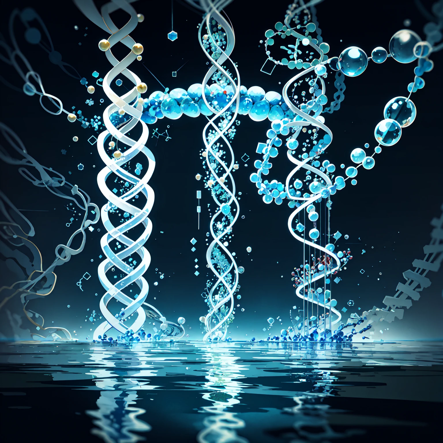 concept art, front cover, flat design, detailed beautiful DNA double helix in water, absurdres, best quality, bubbles, life, biology, molecule