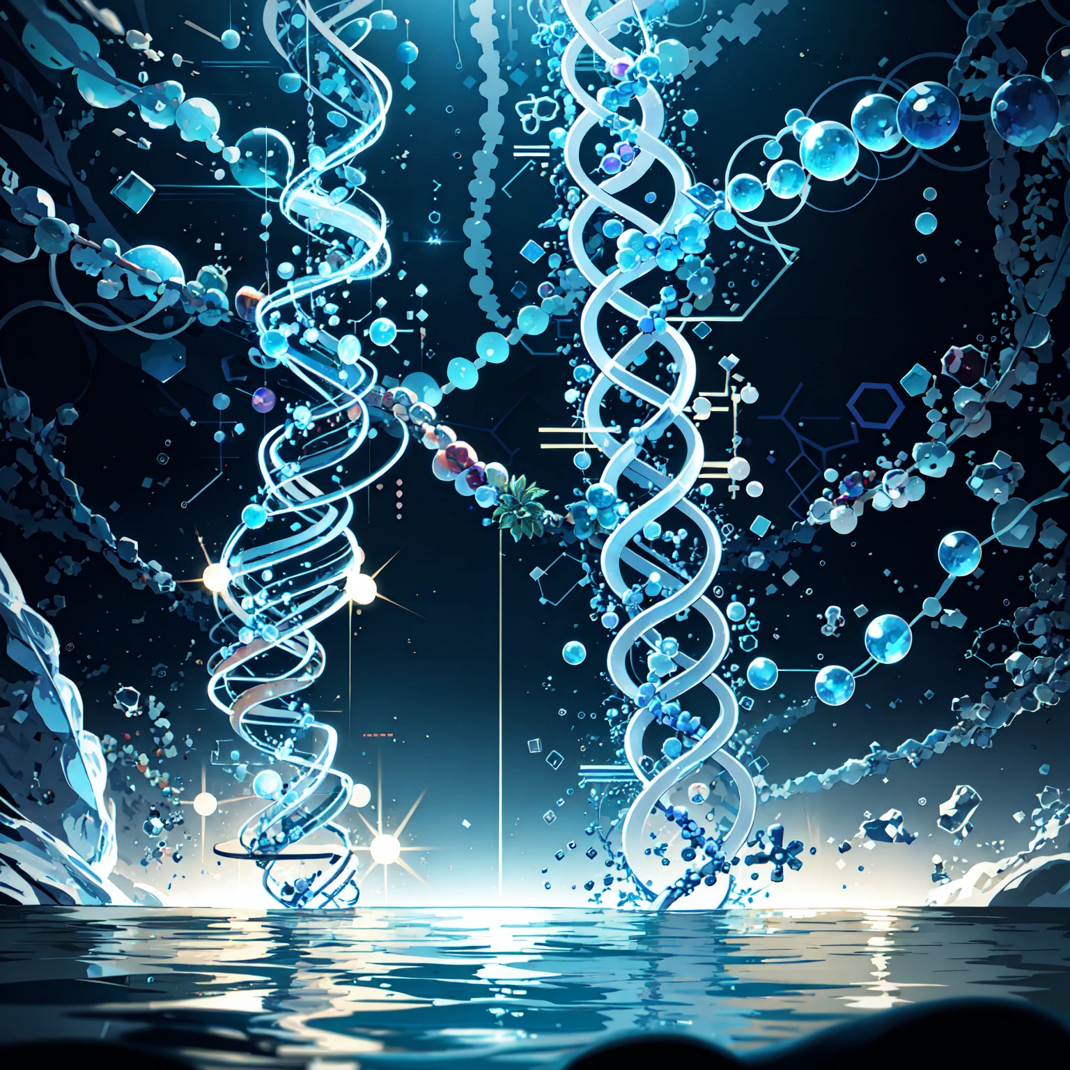 concept art, front cover, flat design, detailed beautiful DNA double helix in water, absurdres, best quality, bubbles, life, biology, molecule