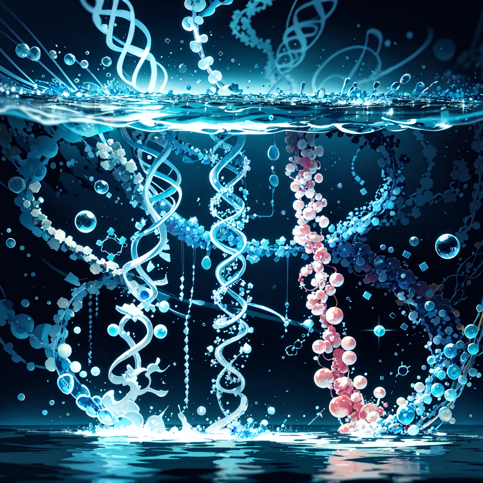 concept art, front cover, flat design, detailed beautiful DNA double helix in water, absurdres, best quality, bubbles, life, biology, molecule