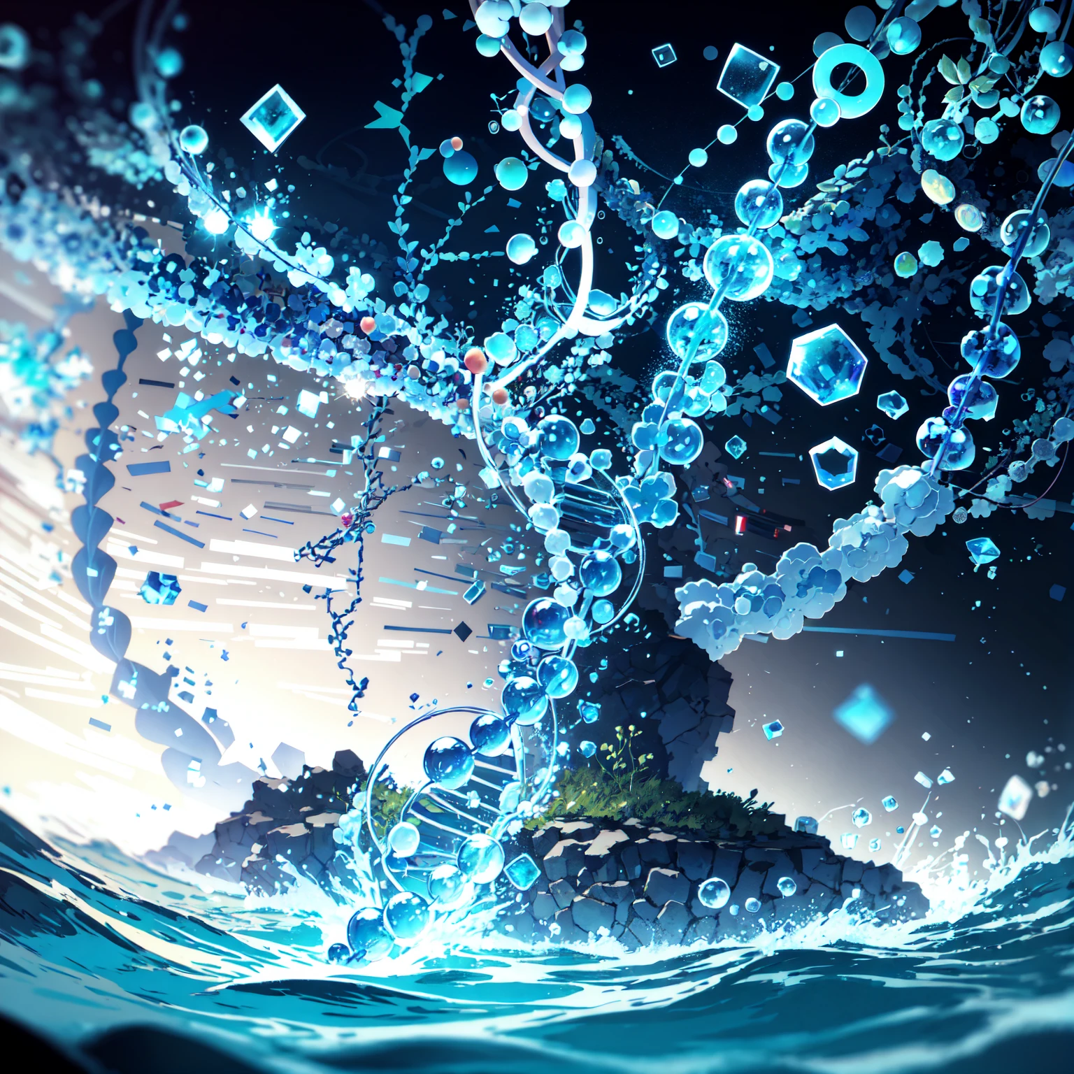 concept art, front cover, flat design, detailed beautiful DNA double helix in water, absurdres, best quality, bubbles, life, biology, molecule