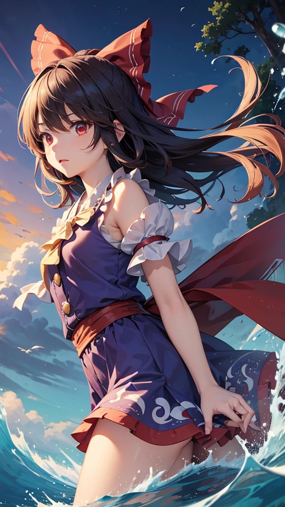 upper body shot, solo 1 girl view, TouHou Legend of Fairy Souls is an action game developed and published by LFCat Studio for PC. An adventure in which we control the young Reimu, which due to a curse has been transformed into Kedama, a little ball of hair, having to fight waves of enemies from an isometric perspective with both ranged attacks and hand-to-hand combat, being able to turn into different monsters, random angle.,(all realistic intricate details)