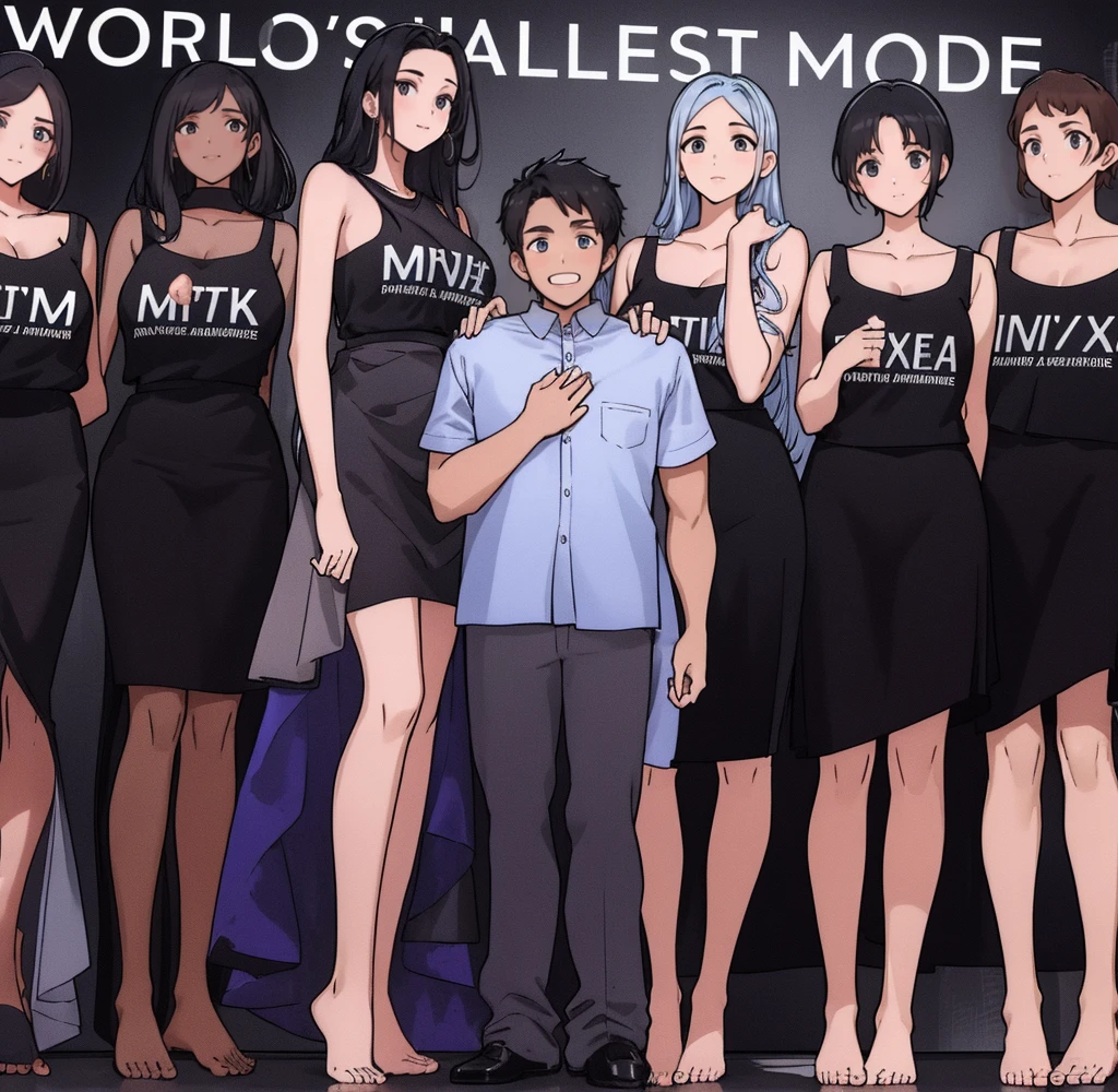Three tall girls on the lfe left, three tall girls in the right, short man in the middle, the girls are much taller than the man, girls have big and cleavage, girls are wearing black, man is wearing blue shirt, girls are standing barefoot, man is wearing shoes,