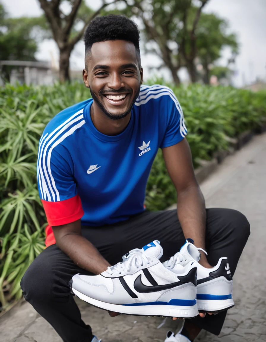 happy man selling nike and adidas sneakers