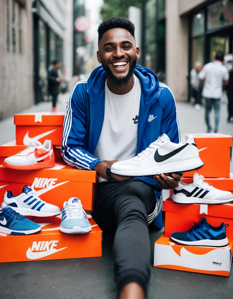 happy man selling nike and adidas sneakers