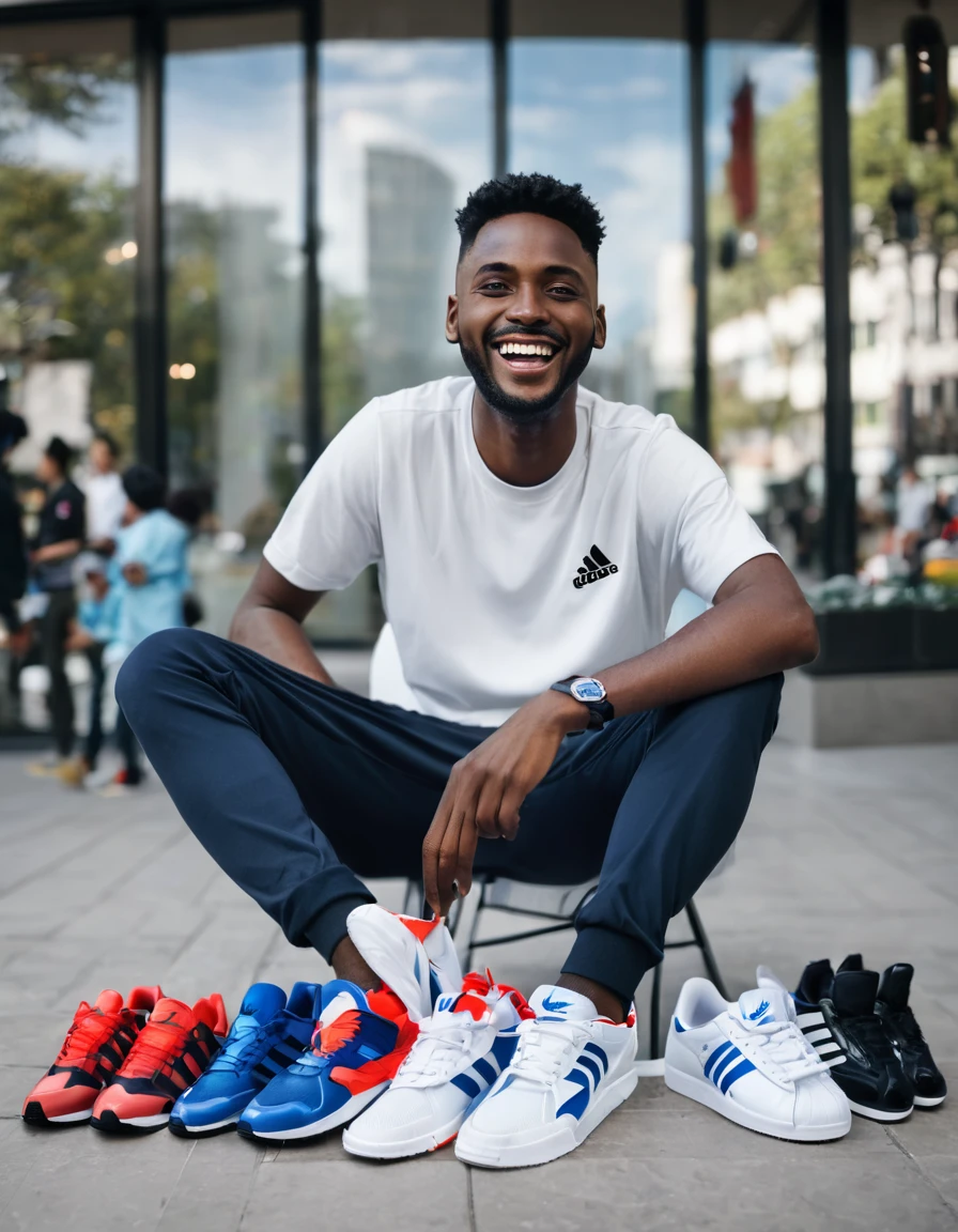happy man selling nike and adidas sneakers