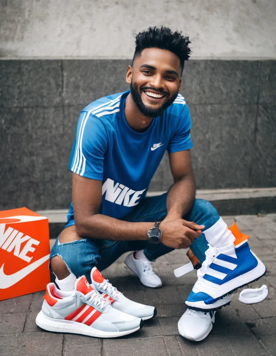 happy man selling nike and adidas sneakers