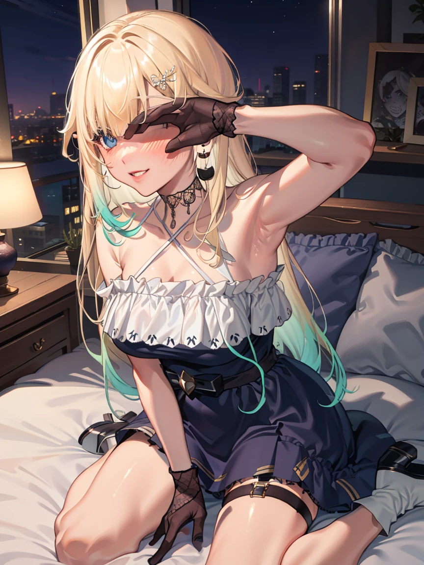 best quality, intricate details,
1girl,       akali, 1girl, black hair, blonde hair, multicolored hair, ponytail, k/da \(league of legends\), girl lying on bed, 1boy, pov, missionary pose, pov grab girl Waist 