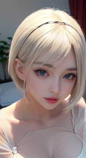 ( face, virgin face,  masterpiece, High resolution, 8K, 1 girl, super detailed, fine skin, white skin, brighten the subject, movie light, beautiful face, fine eyes, lip gloss), (((detailed anatomy))), Ash blonde hair、short bob、micro  summer knit dress、(((((Sheer))))), dull bangs,blue eyes, (((big natural breasts))), On the bed、slouch
