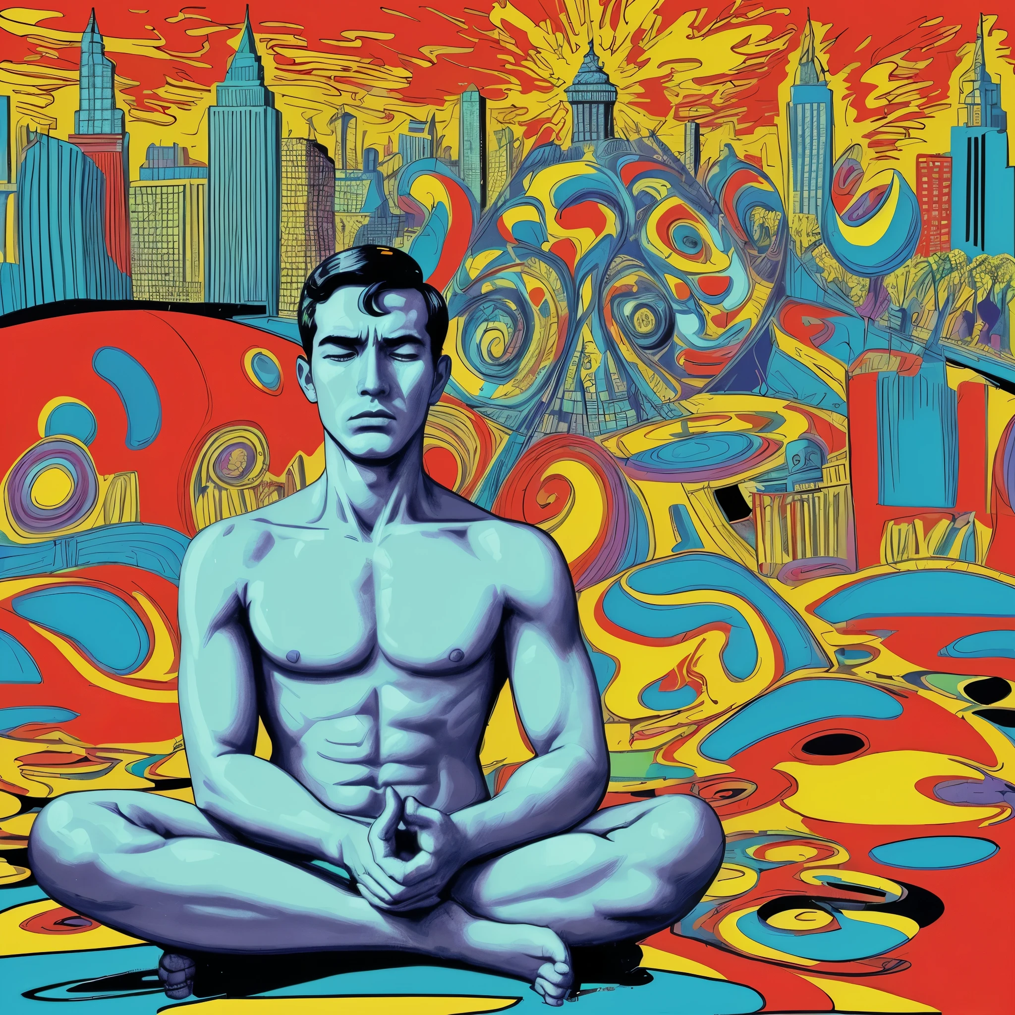 Pop art image, 1960s style, with a man meditating in the park, amidst the chaos of the city,1024x1024, swirly vibrant colors, simplicity, symmetrical composition, colors pscodeliscs