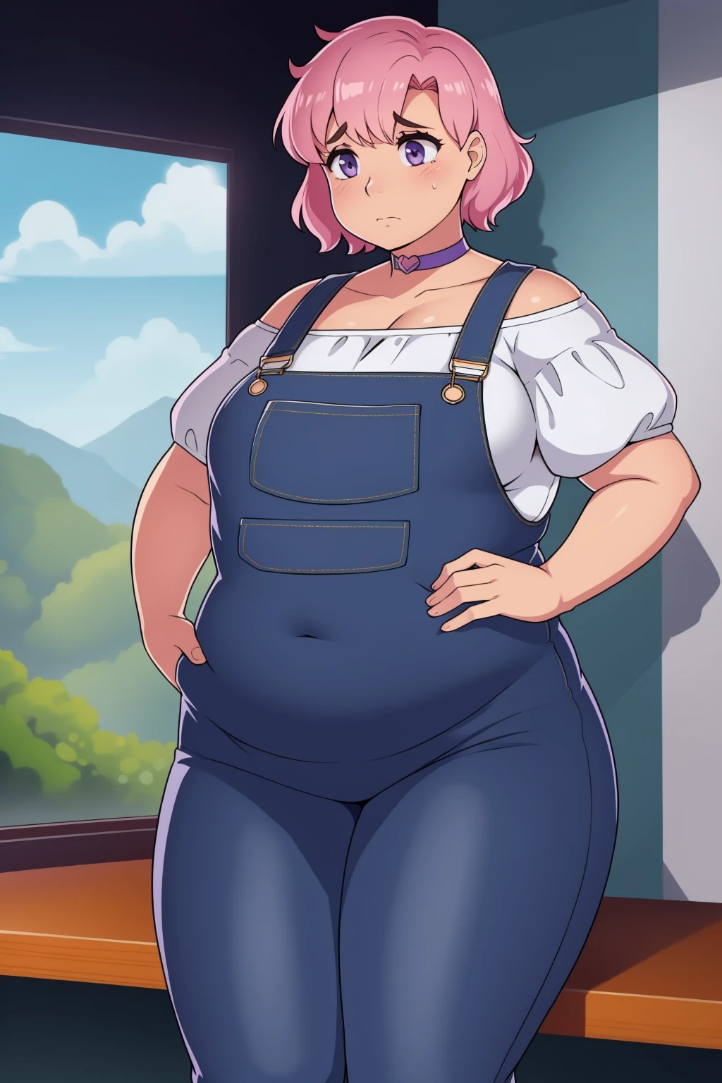 Up close, Holding belly, hands on belly, outgrown clothes, (Sad:1.1), (Sad face:1.1)Pale skin, (Obese:1.1),fat, Slightly chubby, sad, farm backround, upper body, looking at viewer, 1girl, solo, short pink hair, (dark blue choker), (dark blue denim overalls), (purple eyes), (pink boots), (white shoulder lantern sleeve blouse, tucked in pants