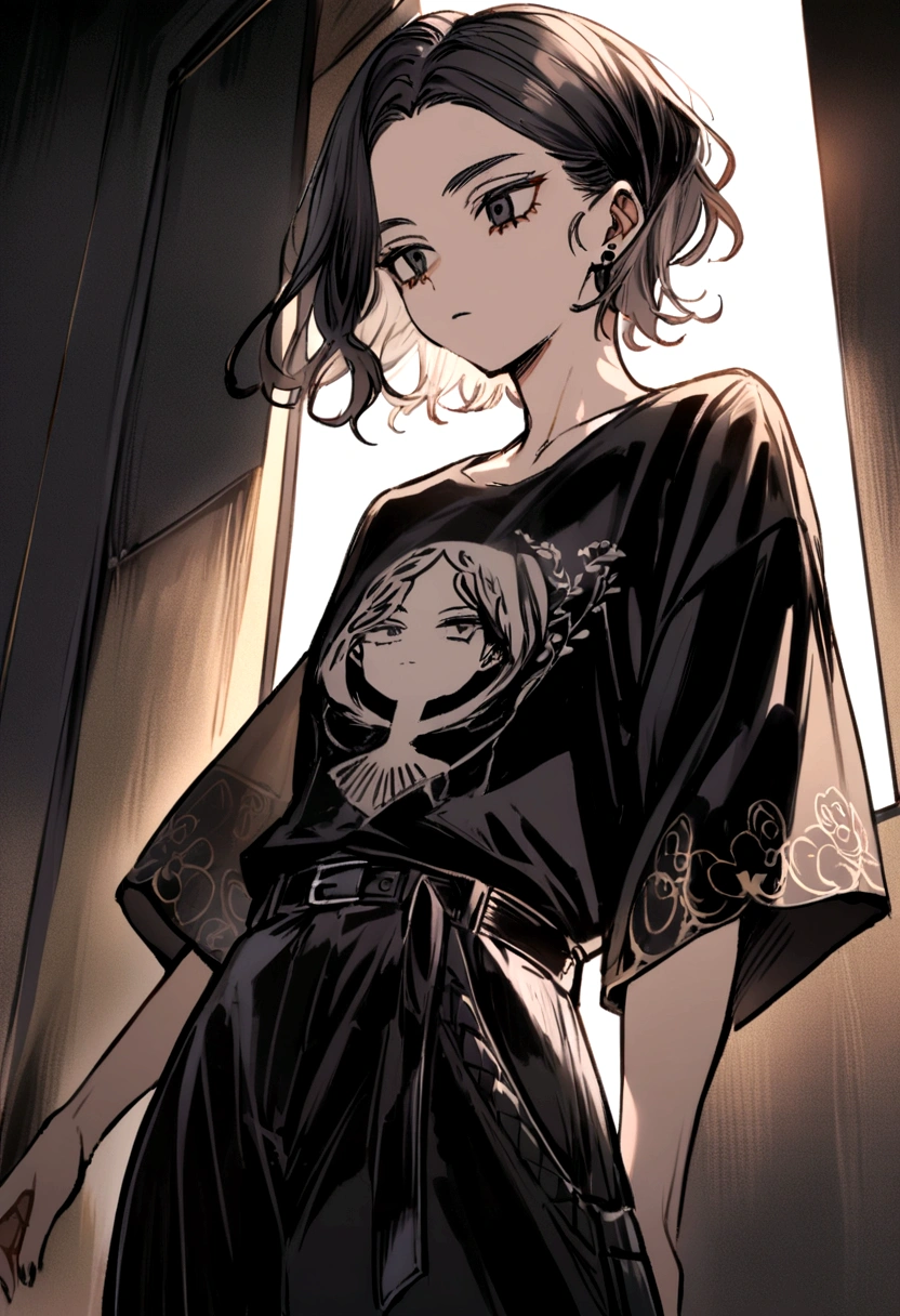 Panel de control tokyo revengers,girl brunette black hair arrow. , with black eyes, wide pants and a black lumi athena shirt