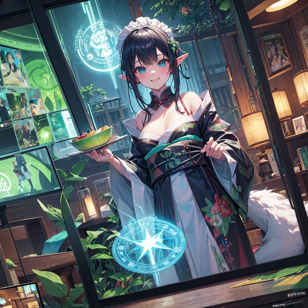 Elf(Maid clothes(kimono) tropical tropicalジュース(tray) Tavern(Adventurer) cyber punk Green light swirling(hologram) Multiple monitors behind(Streaming screen magic circle) Adventurer Medieval Fantasy smile night comics)