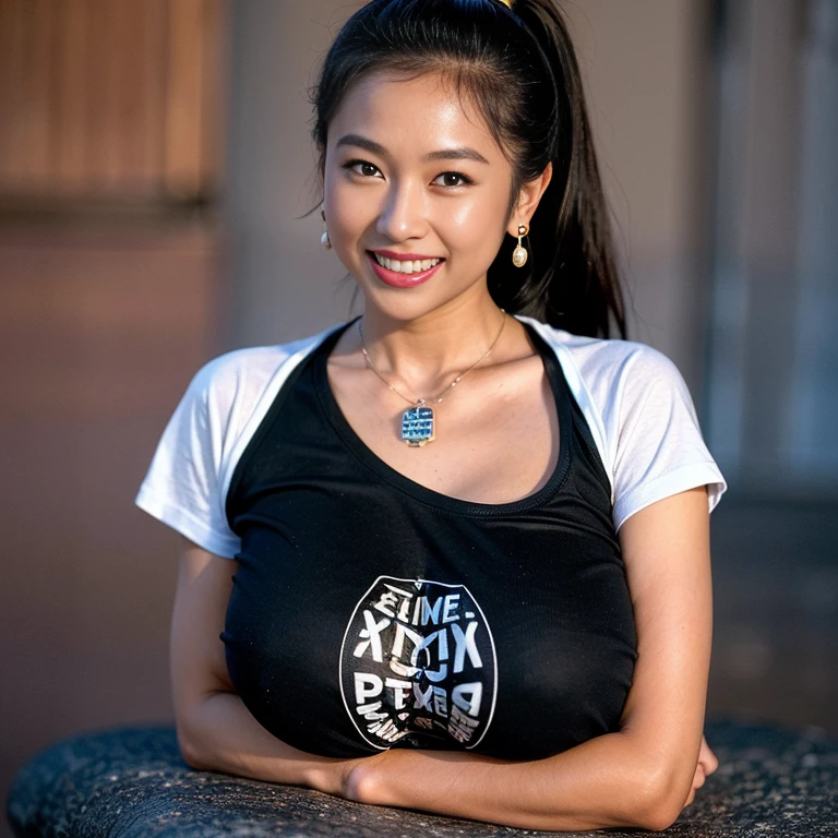 (extreme wide shot:1.5),(thai Women),(street :1.5),(super highponytail hair),(Detailed Background:2),(huge breast:1.5),(T-shirt:1.5),((Necklace)),Earrings,grin,darkskinned,top-quality,(((masutepiece))),8K,((Photorealsitic))),