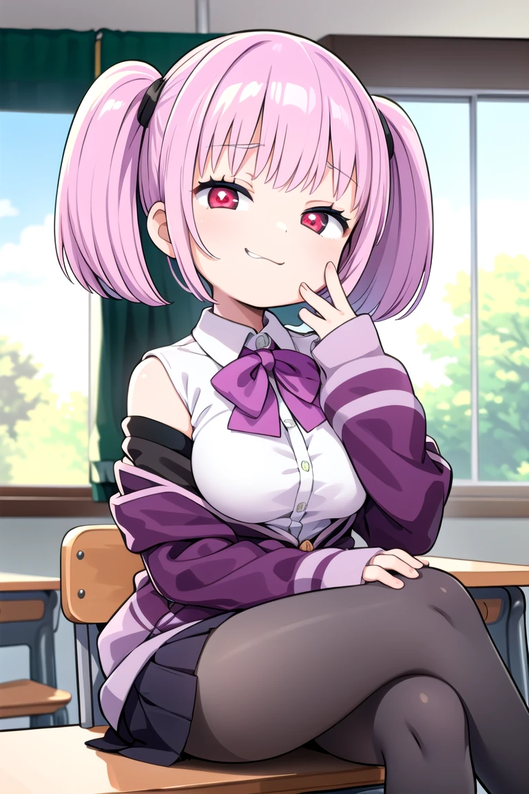 1girl, grin, :3, twintails, upper body, hand to own mouth, looking at viewer, half-closed eyes, hoodie, pink hair, blue eyes,Masterpiece, Best quality, A high resolution, Akane Shinjo, 1girll, Solo, Pantyhose, shirt, bow, Skirt, purple jacket, Jacket, White shirt, Long sleeves, Short hair, Black skirt, Collared shirt, Black pantyhose, Open clothes, neck bowtie, Purple bow, Breasts, bangs, Red eyes, Pleated skirt, cropped shoulders, Open jacket, sleeves past wrists, Light purple hair, Purple bow tie, Miniskirt, Cowboy shot, Classroom,((crossed legs)), boots,