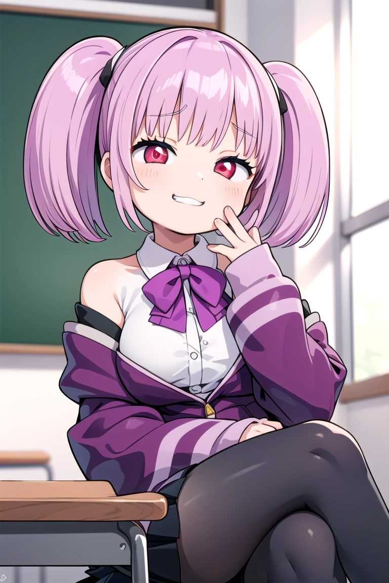 1girl, grin, :3, twintails, upper body, hand to own mouth, looking at viewer, half-closed eyes, hoodie, pink hair, blue eyes,Masterpiece, Best quality, A high resolution, Akane Shinjo, 1girll, Solo, Pantyhose, shirt, bow, Skirt, purple jacket, Jacket, White shirt, Long sleeves, Short hair, Black skirt, Collared shirt, Black pantyhose, Open clothes, neck bowtie, Purple bow, Breasts, bangs, Red eyes, Pleated skirt, cropped shoulders, Open jacket, sleeves past wrists, Light purple hair, Purple bow tie, Miniskirt, Cowboy shot, Classroom,((crossed legs)), boots,