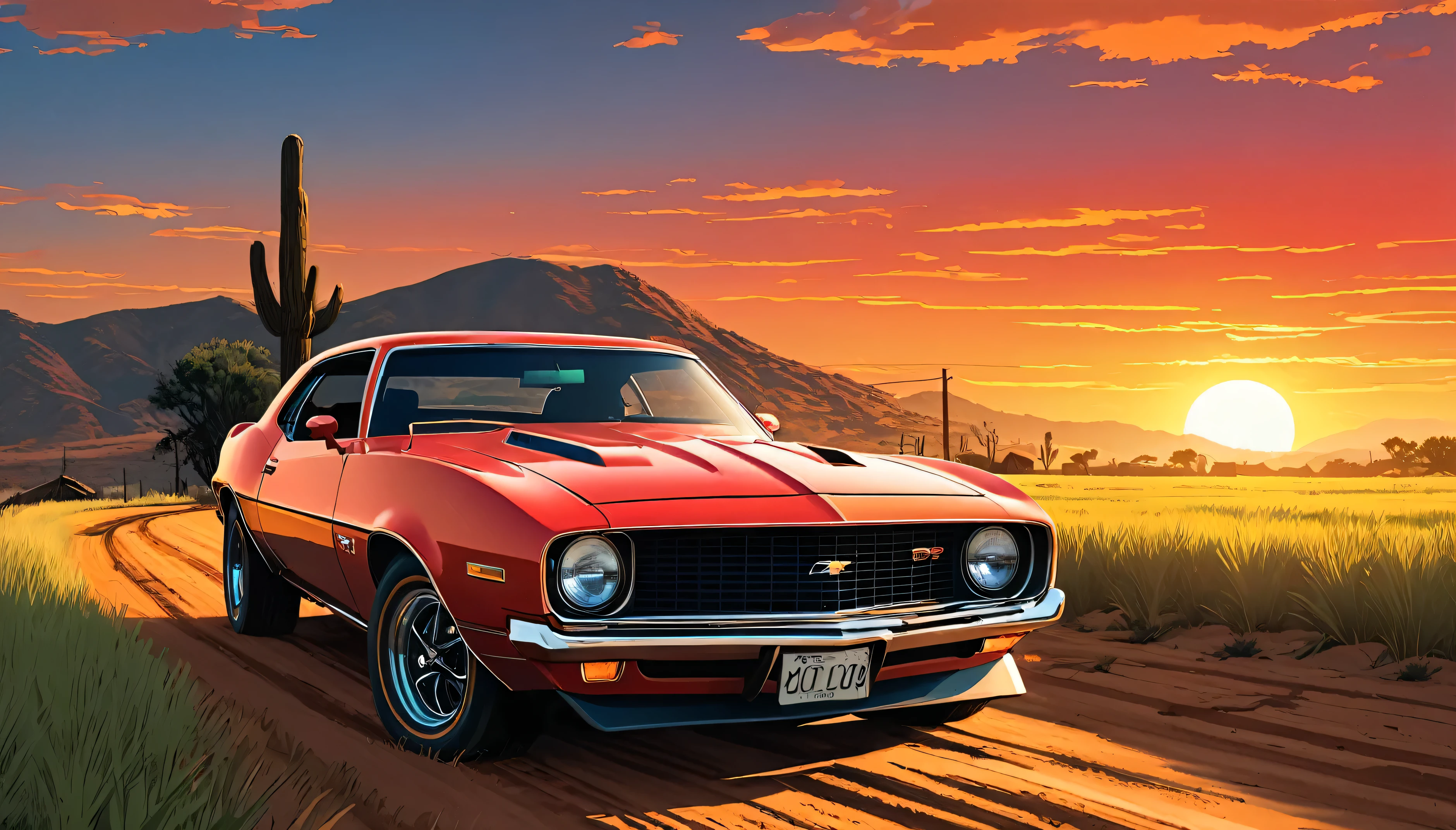 stylized digital 美術 featuring a vintage red Ford T parked by a dusty dirt road through a field during sunset. The sky is a warm orange, Yellow and red, with the sun setting on the horizon. (Draw a car from behind),(The body color is shiny blue.),Blue Chevrolet Camaro.1973 model.The fields are covered with tall grass swaying in the wind.(Paved road)(The size of the car is half of the total)The grass is painted in shades of green and brown., There are some bright spots, This may have been an 美術istic choice to emphasize the intensity of the scene.. The overall 美術 style is reminiscent of Cartoon art, Bold lines and a limited color palette enhance the dramatic effect of the scene..Red Dead Redemption's visual style, at sunset, Cartoon art, Then MArtin, sunset!, Eddie Mendoza, sunset illustration sun, Featured Art, Digital colorful illustration, (masterpiece), Highest quality