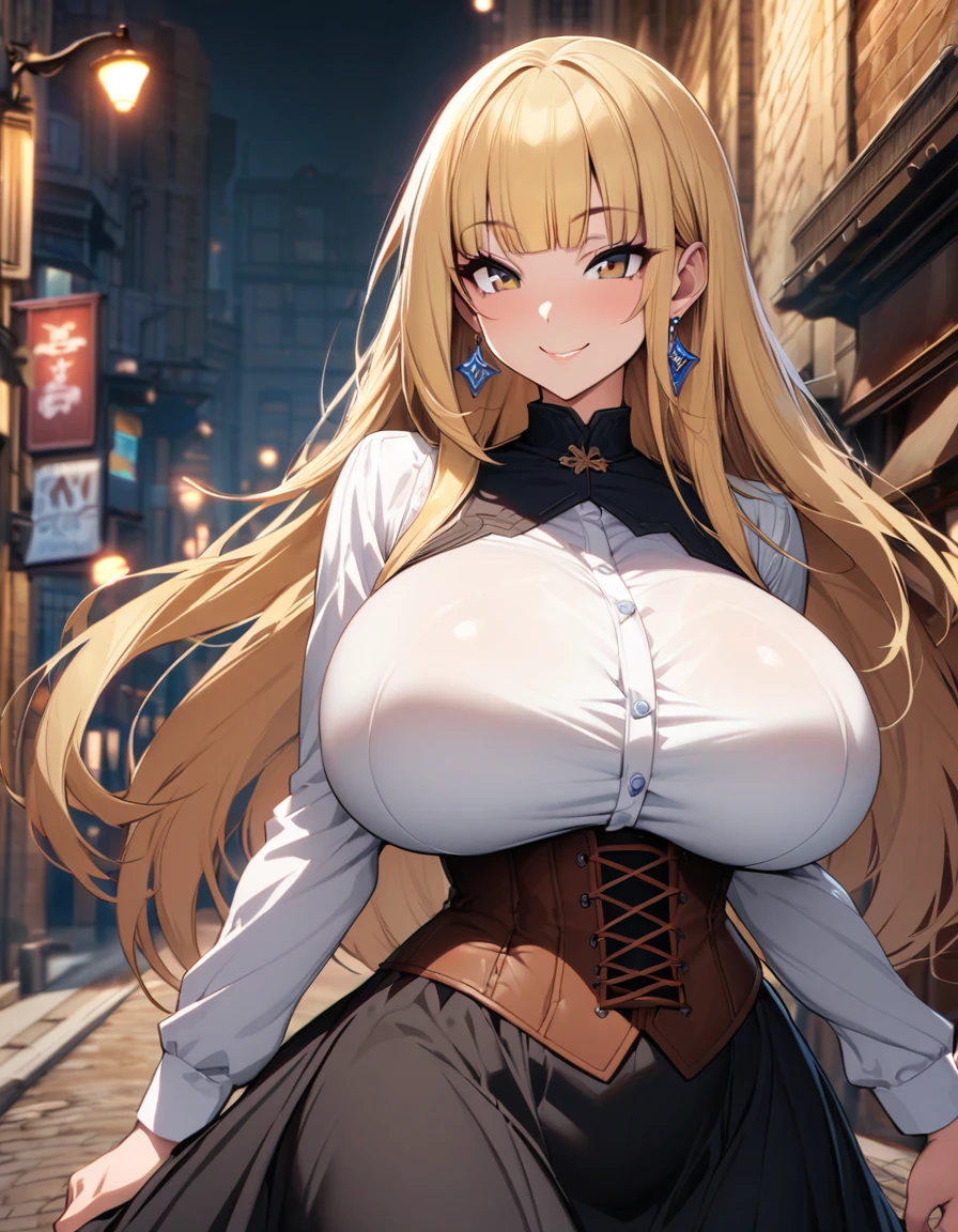 blonde hair color,long hair,hime cut,light brown eyes,corset, black long skirt,earrings,huge breasts,Whipped thighs,slender,near,street background,SFW,perfect,high quality,faultless,smile