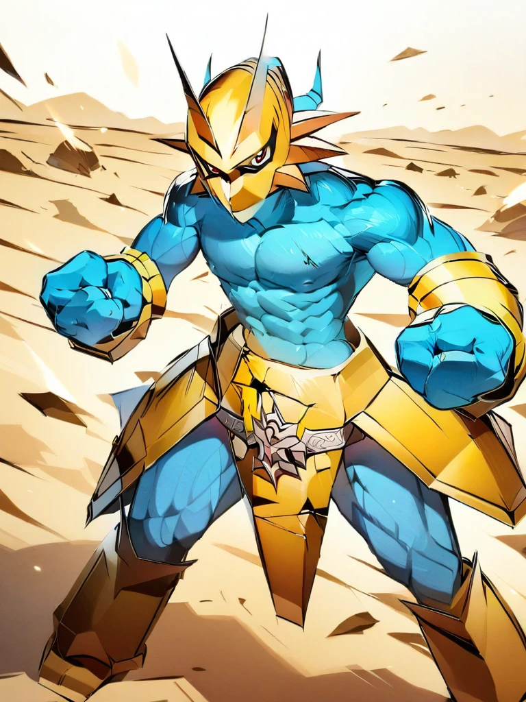 solo,angry Magnamon,tall, blue and white skin,(battle damaged:1.5),(topless Magnamon:2),(armor fragments:1.5),(shirtless:1.5), fighting_stance, in desert ,full_shot