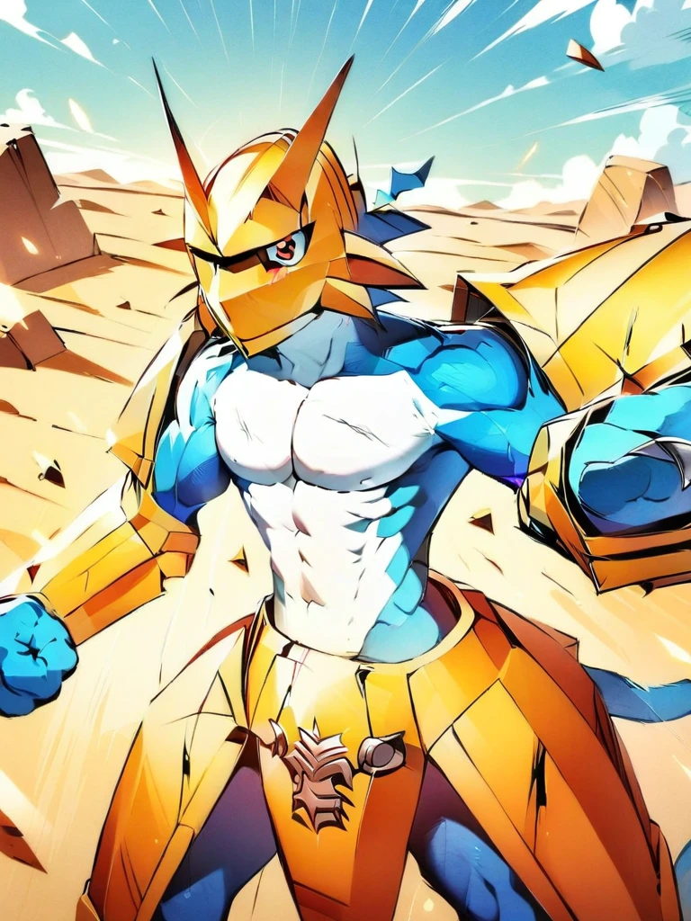 solo,angry Magnamon,tall, blue and white skin,(battle damaged:1.5),(topless Magnamon:2),(armor fragments:1.5),(shirtless:1.5), fighting_stance, in desert ,full_shot
