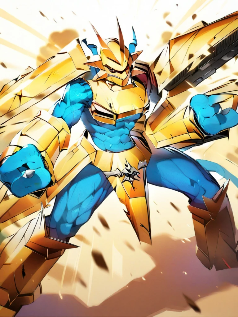 solo,angry Magnamon,tall, blue and white skin,(battle damaged:1.5),(topless Magnamon:2),(armor fragments:1.5),(shirtless:1.5), fighting_stance, in desert ,full_shot
