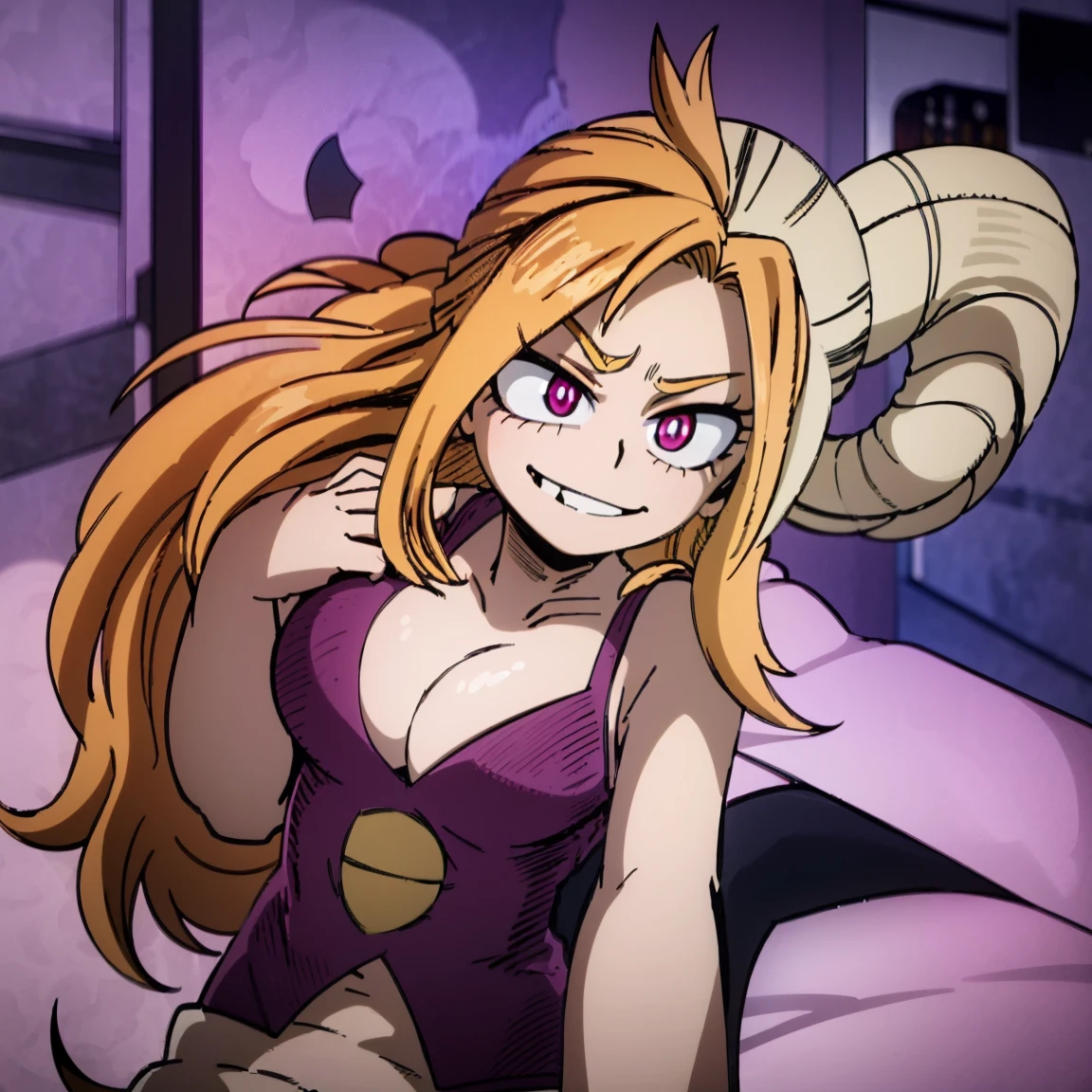 1girl, the siren, the mermaid, adagio dazzle, female focus, boku no hero academia, masterpiece, best quality, very aesthetic, big breasts, long wavy hair, orange/golden hair, magenta eyes, smirk, beautiful, sunset sea