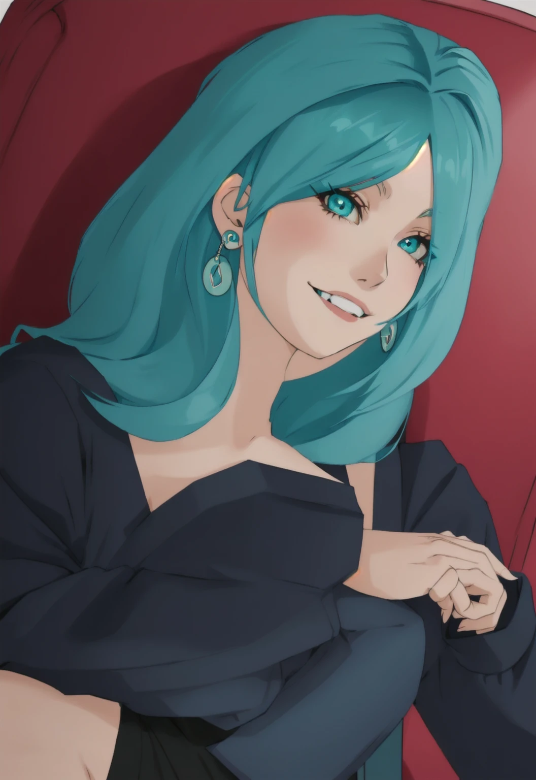 woman with blue hair, anime girl with teal hair, earrings, evil smile, fly under the eye, crossing fingers, sat on a chair, arms on the armrests of the chair
