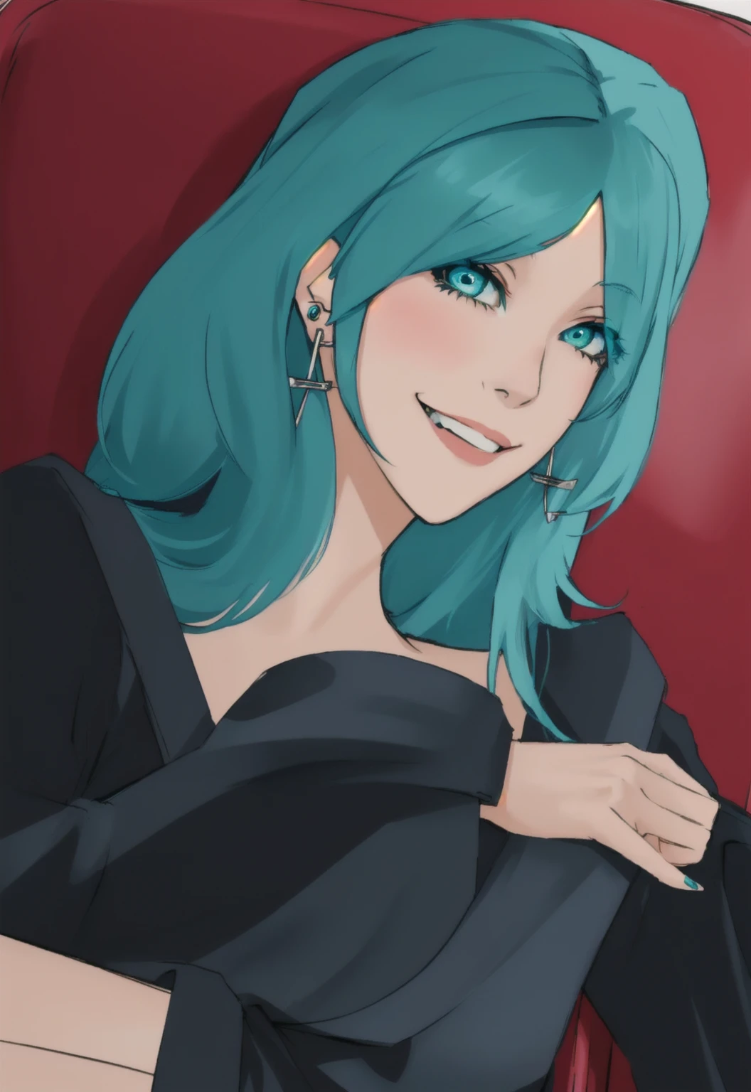 woman with blue hair, anime girl with teal hair, earrings, evil smile, fly under the eye, crossing fingers, sat on a chair, arms on the armrests of the chair