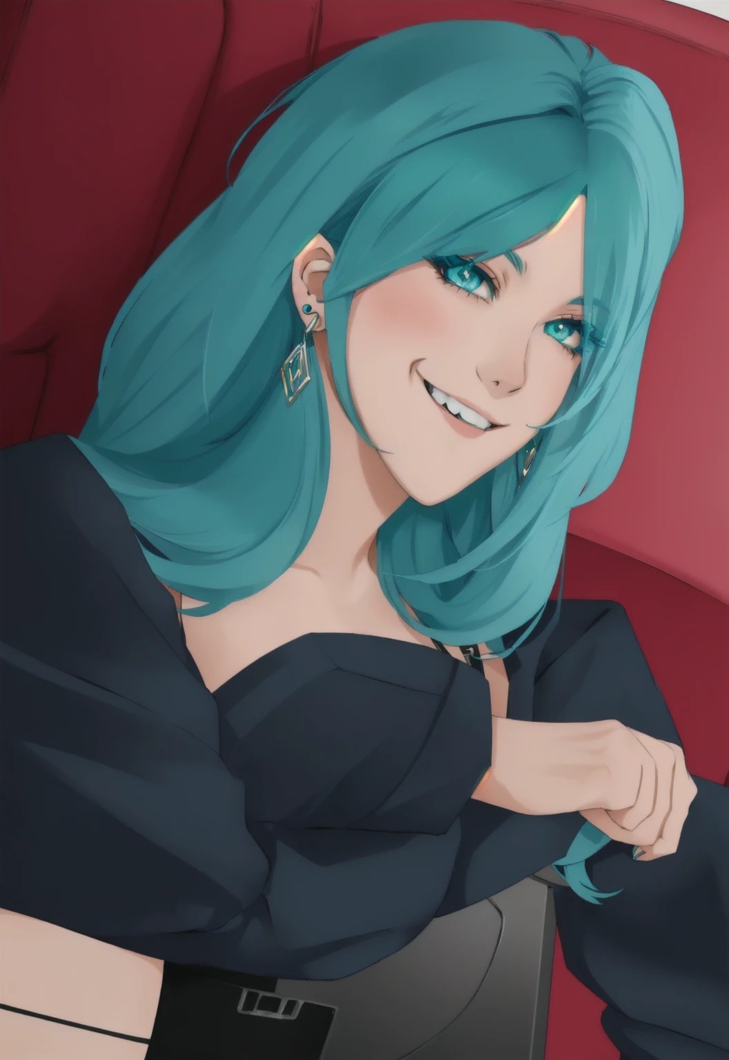 woman with blue hair, anime girl with teal hair, earrings, evil smile, fly under the eye, crossing fingers, sat on a chair, arms on the armrests of the chair