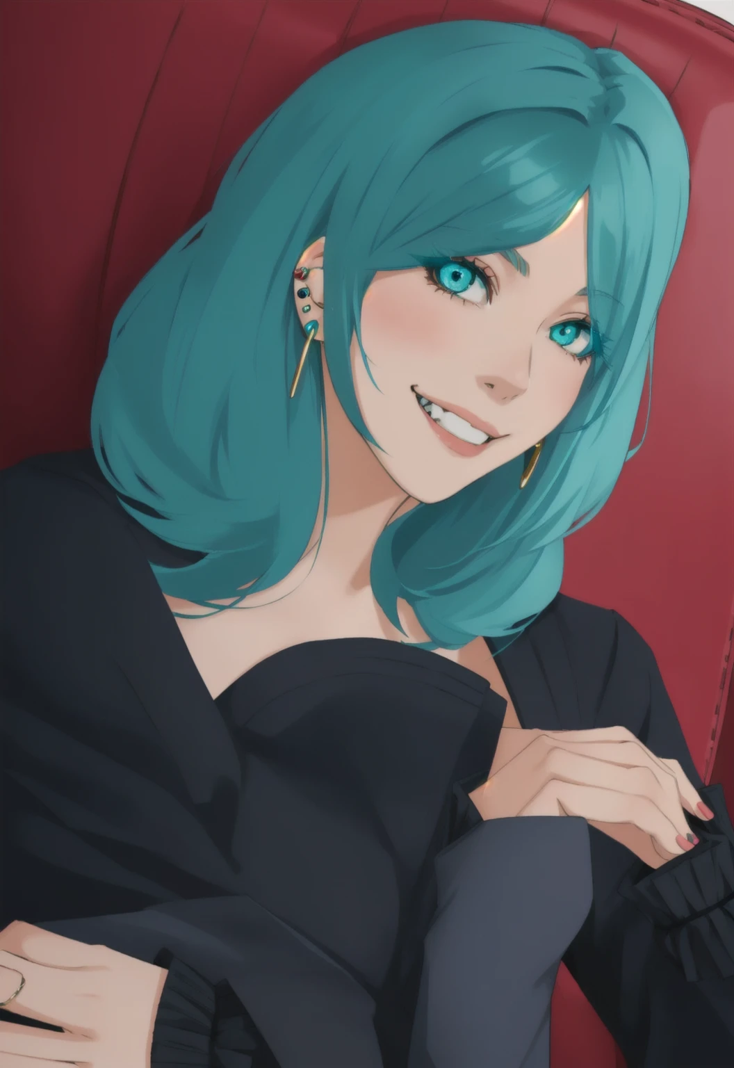 woman with blue hair, anime girl with teal hair, earrings, evil smile, fly under the eye, crossing fingers, sat on a chair, arms on the armrests of the chair