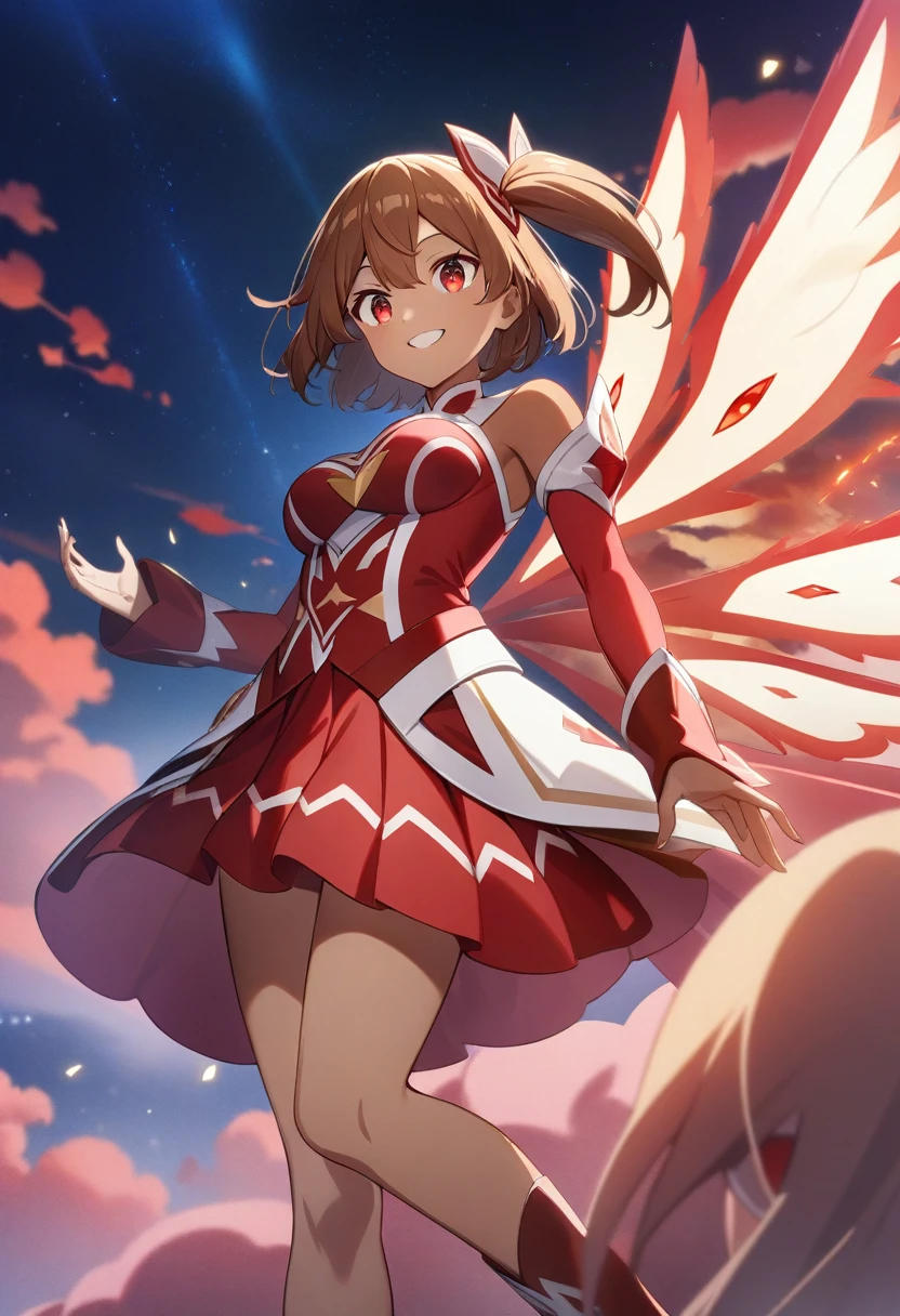 1girl, proud smile, anime poster, red floating cloud eye, eye monster, looking at a floating red eye monster in the sky, dark skin, medium breasts, side ponytail, short hair, messy and brown hair, red magical girl clothes, mahou shoujo, intricate detail, masterpiece quality, ultra HD, 4K, best quality