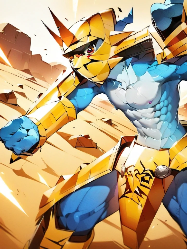 solo,angry Magnamon,tall, blue and white skin,(battle damaged:1.5),(topless Magnamon:2),(armor fragments:1.5),(shirtless:1.5), fighting_stance, in desert ,full_shot