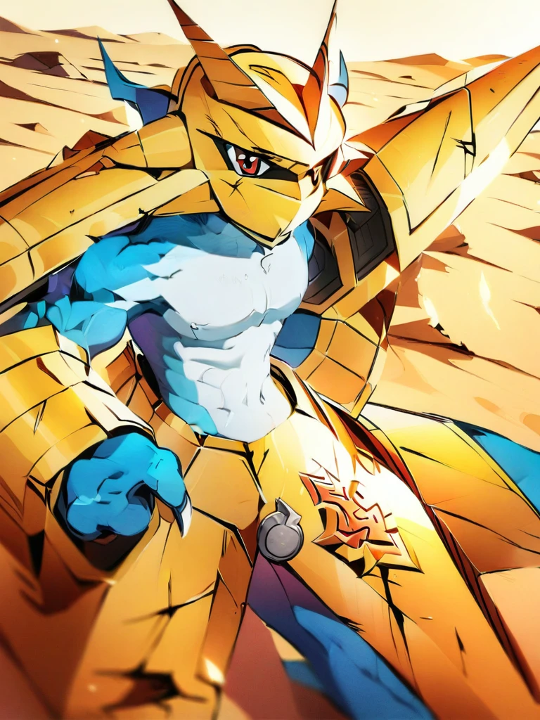 solo,angry Magnamon,tall, blue and white skin,(battle damaged:1.5),(topless Magnamon:2),(armor fragments:1.5),(shirtless:1.5), fighting_stance, in desert ,full_shot