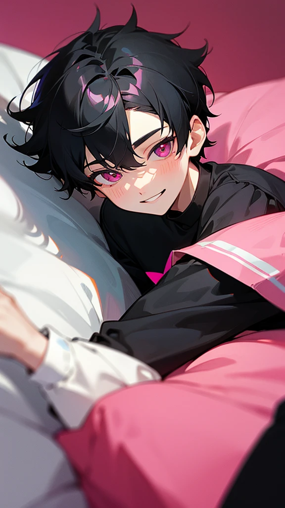 16 year old boy,tender and adorable face,short black hair,black clothes,pink eyes,sentado en su cama sonriendo