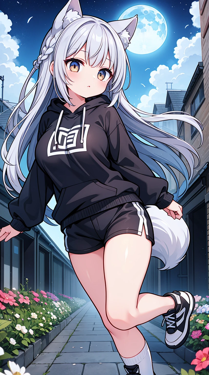 1 Sister、Braided side up wolf cut straight hair、Grey Hair、Golden Eyes、Black hooded jumper、Grey T-shirt、Very big boobs、Black shorts、Gray sneakers、Black Pantyhose、Doing parkour moves、Looking up at the sky、A flower field glowing pale at night、Pale Moon