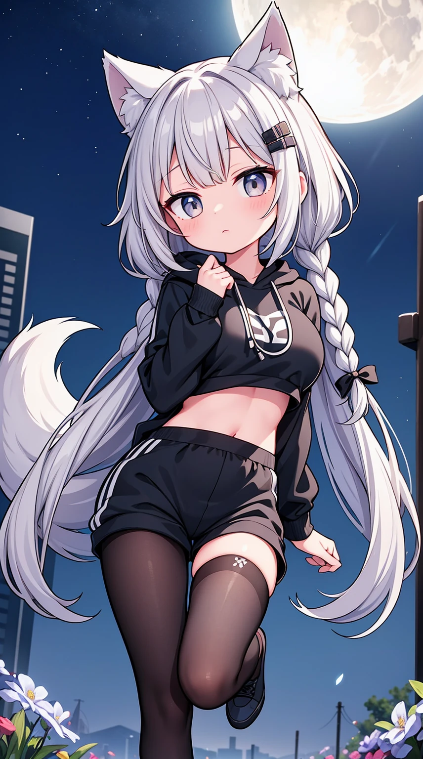 1 Sister、Braided side up wolf cut straight hair、Grey Hair、Golden Eyes、Black hooded jumper、Grey T-shirt、Very big boobs、Black shorts、Gray sneakers、Black Pantyhose、Doing parkour moves、Looking up at the sky、A flower field glowing pale at night、Pale Moon