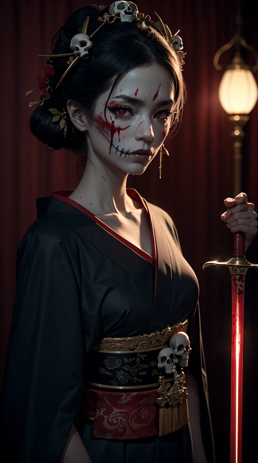 "(Best lighting, dark, dramatic),(Geisha skull spitting in red ink, scar, sexy, brain, Blood, In the head, terrorism.),(Red eyes, Calaveras). Morning light. (The sword penetrates the body)