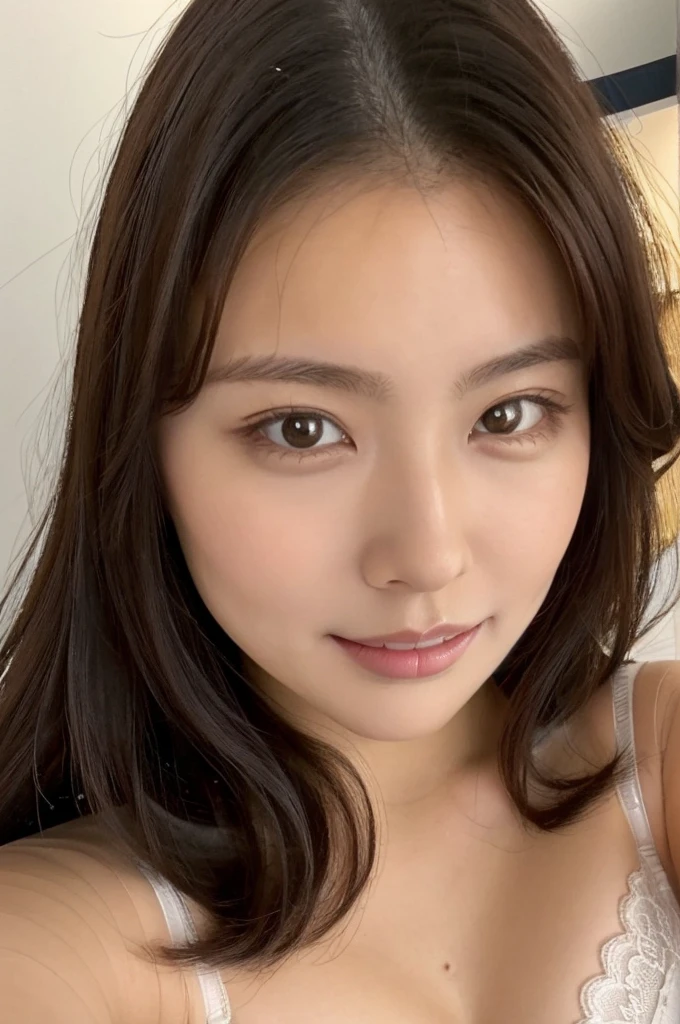 nswf, (selfie shot:2), (from above:1.3),(wearing Bra Top:1.3),Bra top:Black,(flat chest:1.3),(Close Up,cleavage:1.3), Top quality, 1 beautiful Japanese woman, ,(18 years old),long Hair, (brown hair:1.2), Ultra-realistic capture, Highly detailed, High resolution 16k close-up of human skin. Skin texture must be natural, With such detail that pores can be finely identified. Skin should look healthy, In a uniform tone. Use natural light and color,