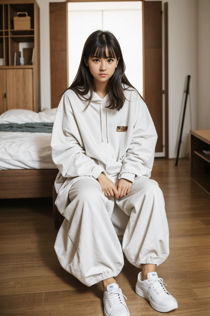 wide, baggy clothes, White skin, high, brown eyes and sitting