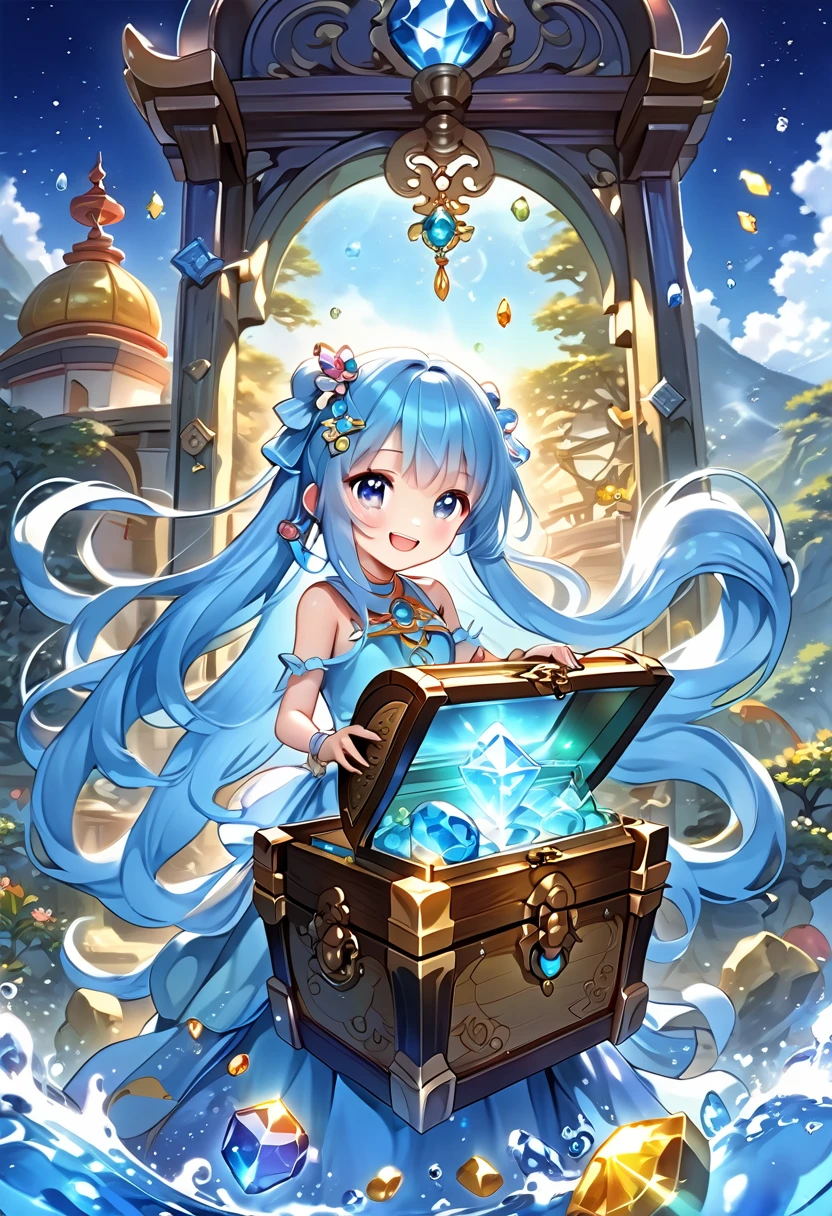 Light blue long hair、Twin-tailed Girl、holding a big key、Open a big treasure chest、Bright smile、Gemstones are shining、