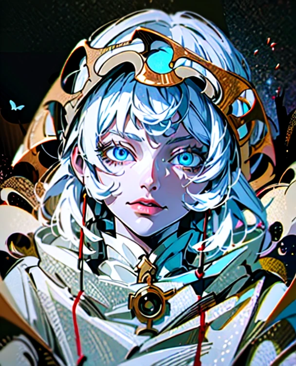 (hyperrealistic), (illustration), (high resolution), (8K), (extremely detailed), (best illustration), (beautiful detailed eyes), (The best detailed calidra), (masterpiece), (wallpaper), (detailed face), only, (dynamic pose), 1 woman, White hair Chica anime, dragon woman, brown hood, sloppy appearance, masculine appearance, White hair, bright navy blue eyes, dark background, the white light comes from above, Super beautiful, murderous look, just wear a hood, White hair como la nieve, extremely white hair, extremely navy blue eyes, coffee hood, beautiful quality, Perfect Anatomia, medieval, deck, clothing, He only wears a simple hood, standing, torso up, body completely covered with clothing, his hood covers his face, his arms are hidden behind his cape, He has his hood up and hides his face, a light comes from above, smiling evilly, she has dragon eyes, Purple and blue eyes, outer space background